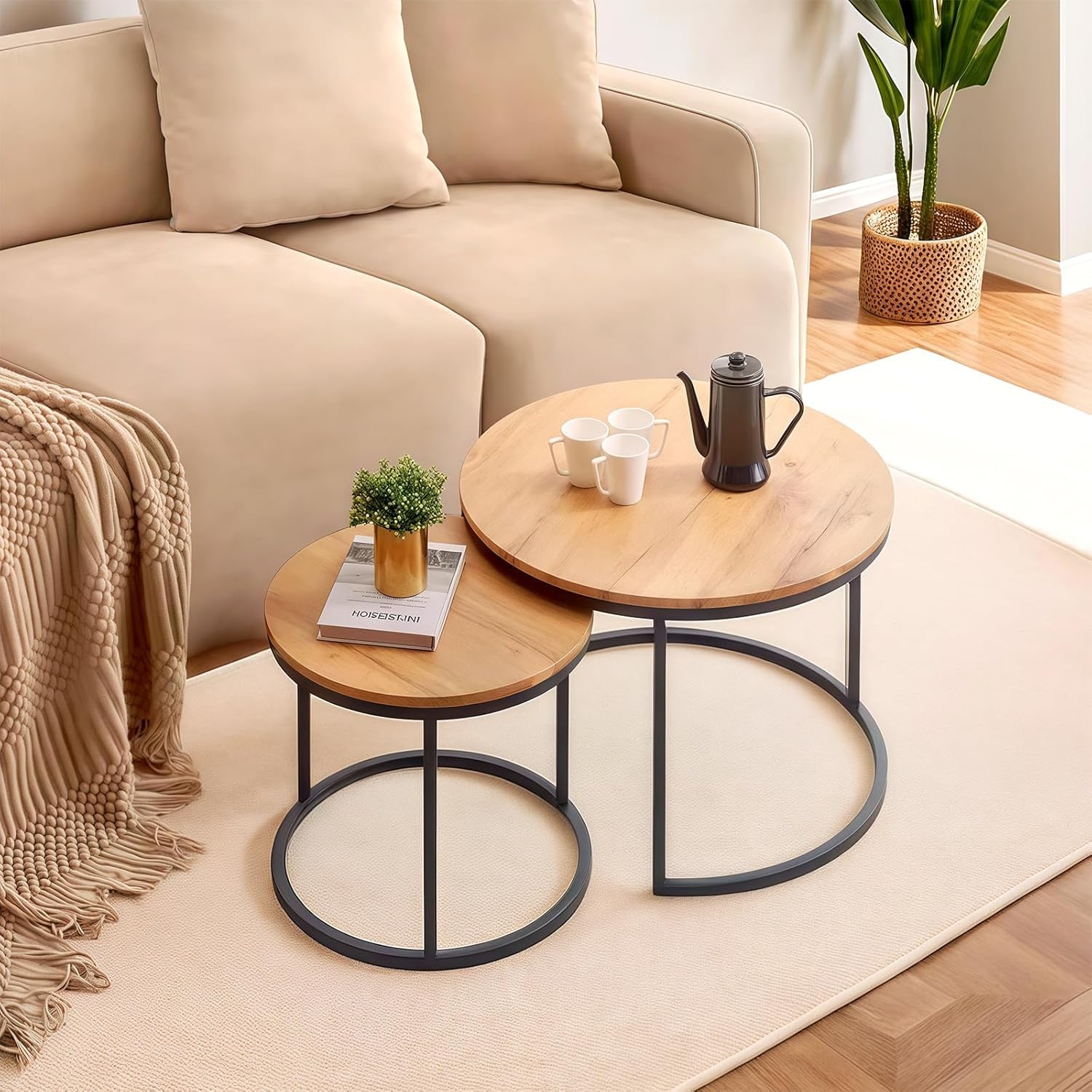 Beistelltisch Rund 2er Set Kleiner Couchtisch Rund Couchtisch Schwarz Holz mit Schwarzem Metallgestell, Wohnzimmertisch Rund Sofatisch für Wohnzimmer Schlafzimmer Büro, 50+40 cm