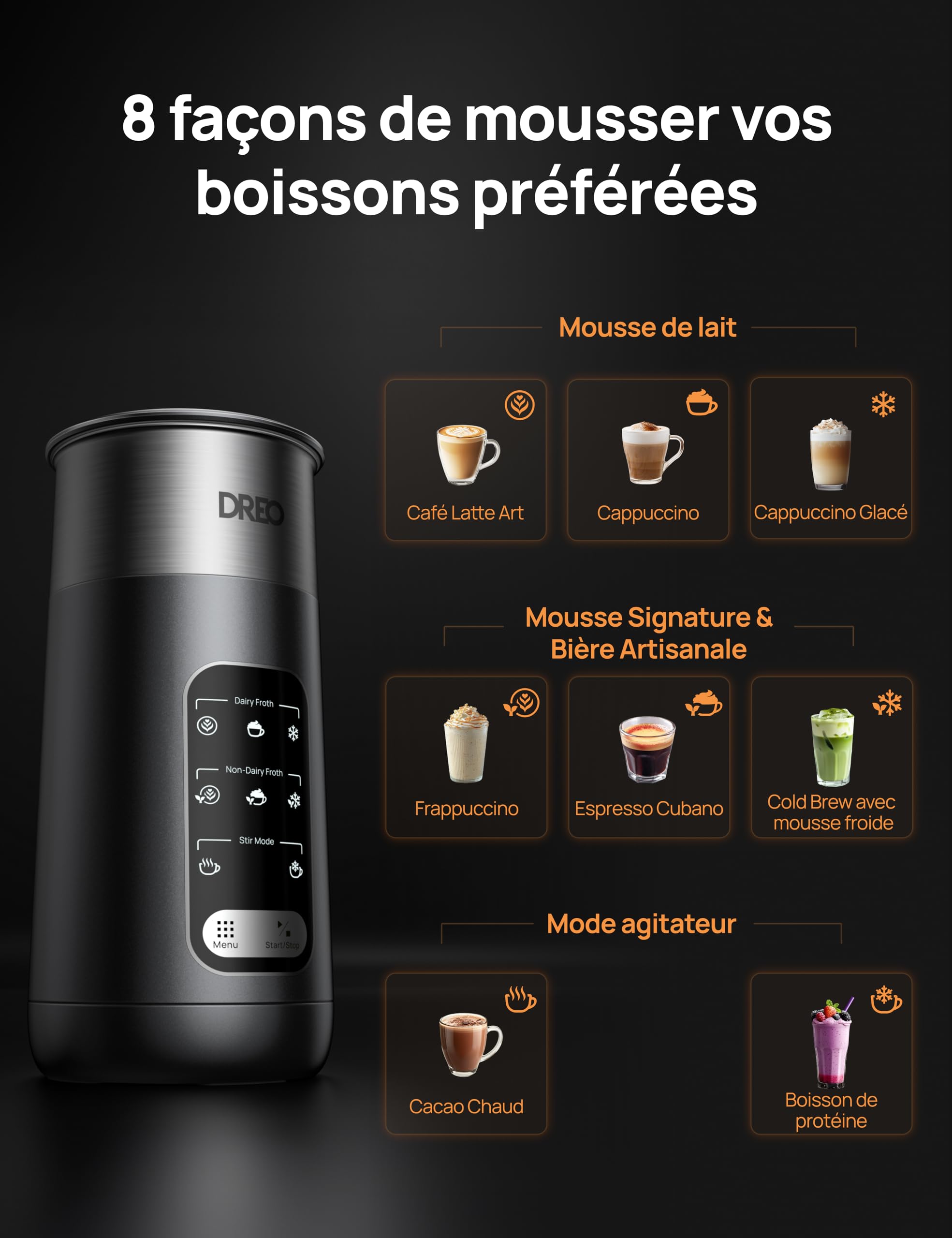DREO Mousseur à Lait Électrique, 8-in-1 Mousseur Automatique pour Latte, Cappuccino, Chocolat Chaud, 270ml Milk Frother en Acier Inoxydable pour Mousse Chaude et Froide, LED, Facile à Nettoyer
