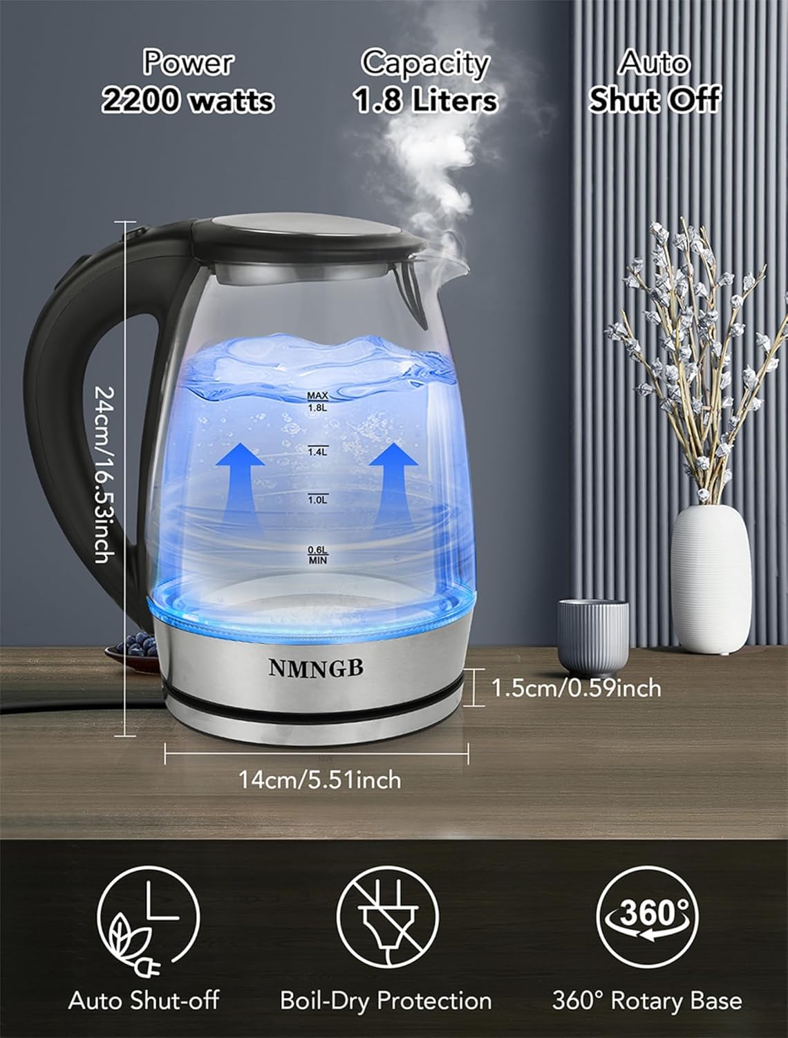 NMNGB Electric Kettles, 2200 Watts 1.8L, Fast Boil Glass Clear Kettle with Blue LED, Easy to Clean, Auto Shut-Off and Boil-Dry Protection, BPA Free - Image 5