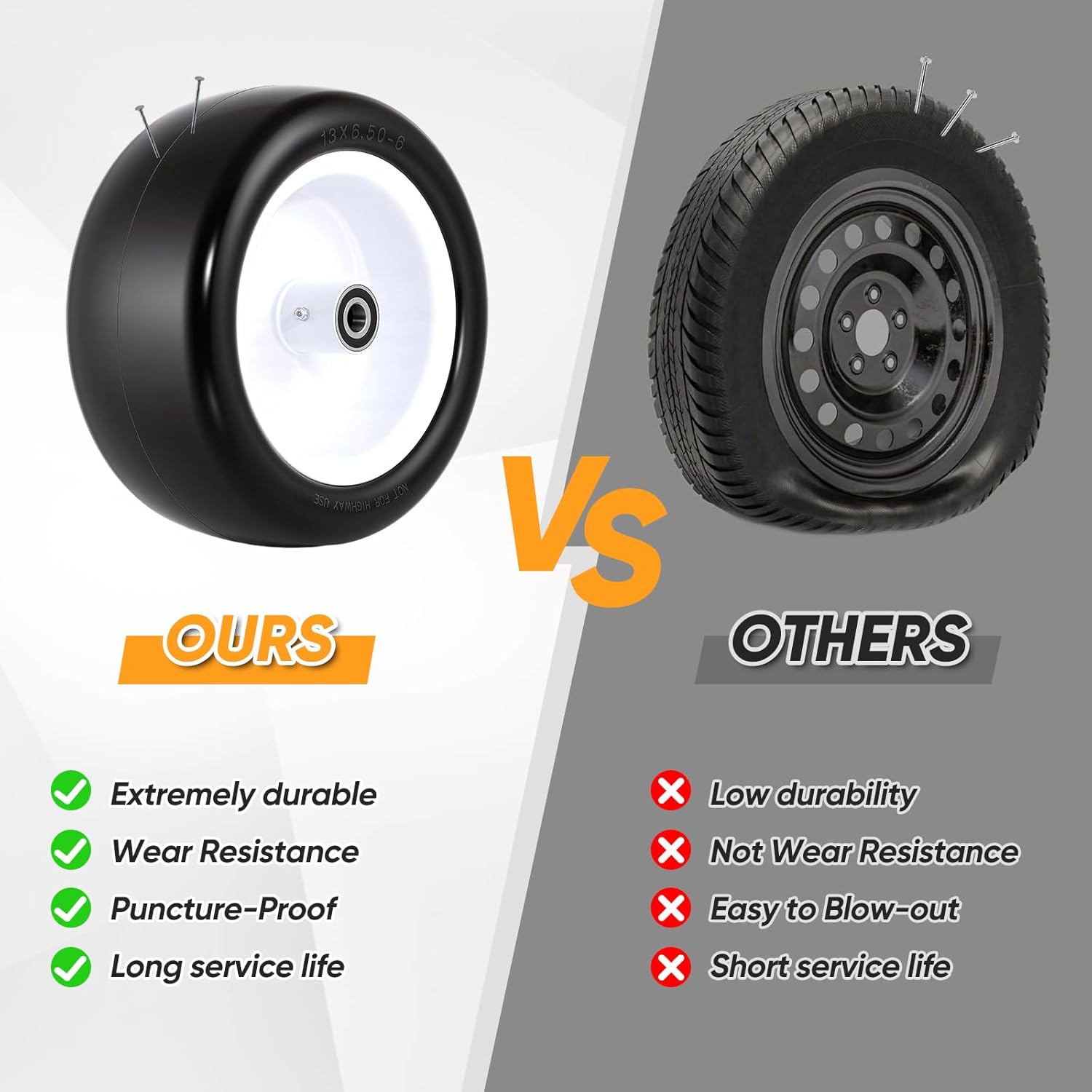 13x6.50-6 Flat Free Lawn Mower Tires and Wheels, 1/2" 3/4" 5/8" Ball Bearings, 13x6.5x6 Zero Turn Mower Front Tires, Smooth Tires for Commercial Grade Lawn, 5.5"-7.5" Centered Hub, 2 Pack