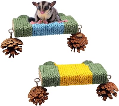 Sugar Glider Cage Accessories, 2 Pack Cage Platform with Rope and Pine Cone Decor, Standing & Climbing Toy, Relax Platform for Sugar Glider, Squirrel, Rat and Other Small Animals