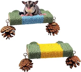 Sugar Glider Cage Accessories, 2 Pack Cage Platform with Rope and Pine Cone Decor, Standing & Climbing Toy, Relax Platform for Sugar Glider, Squirrel, Rat and Other Small Animals