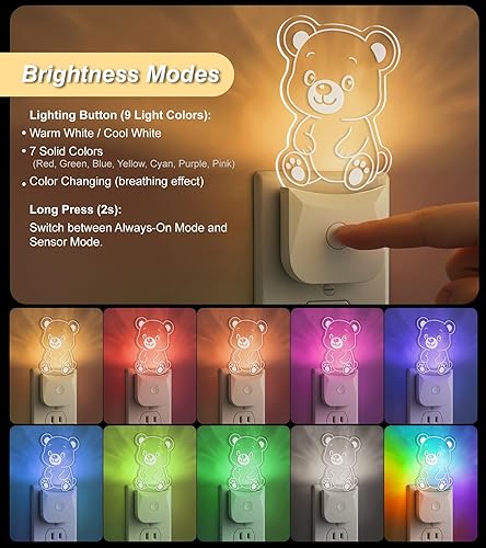 Miniatura 2 de Linda luz nocturna de oso (paquete de 2), enchufable, lámpara de noche LED RGB con sensor automático de atardecer a amanecer, 9 colores para