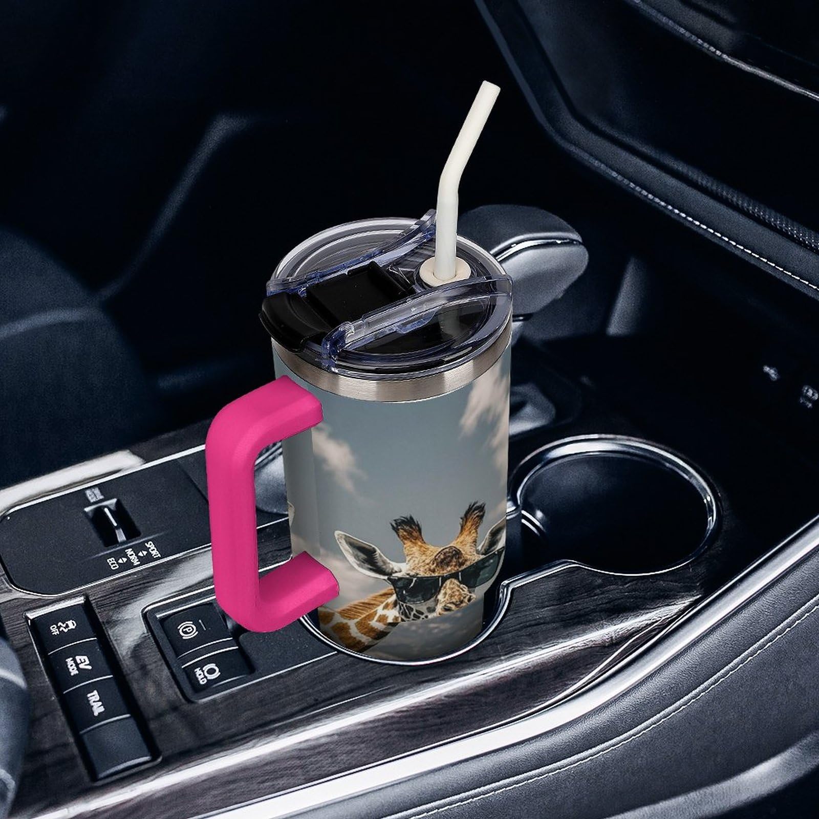 Autobecher aus 304 Edelstahl, Giraffen, mit Strohhalm und auslaufsicherem Deckel, großes Fassungsvermögen, vakuumisolierter Reisebecher für Auto-Becherhalter, 1,2 l