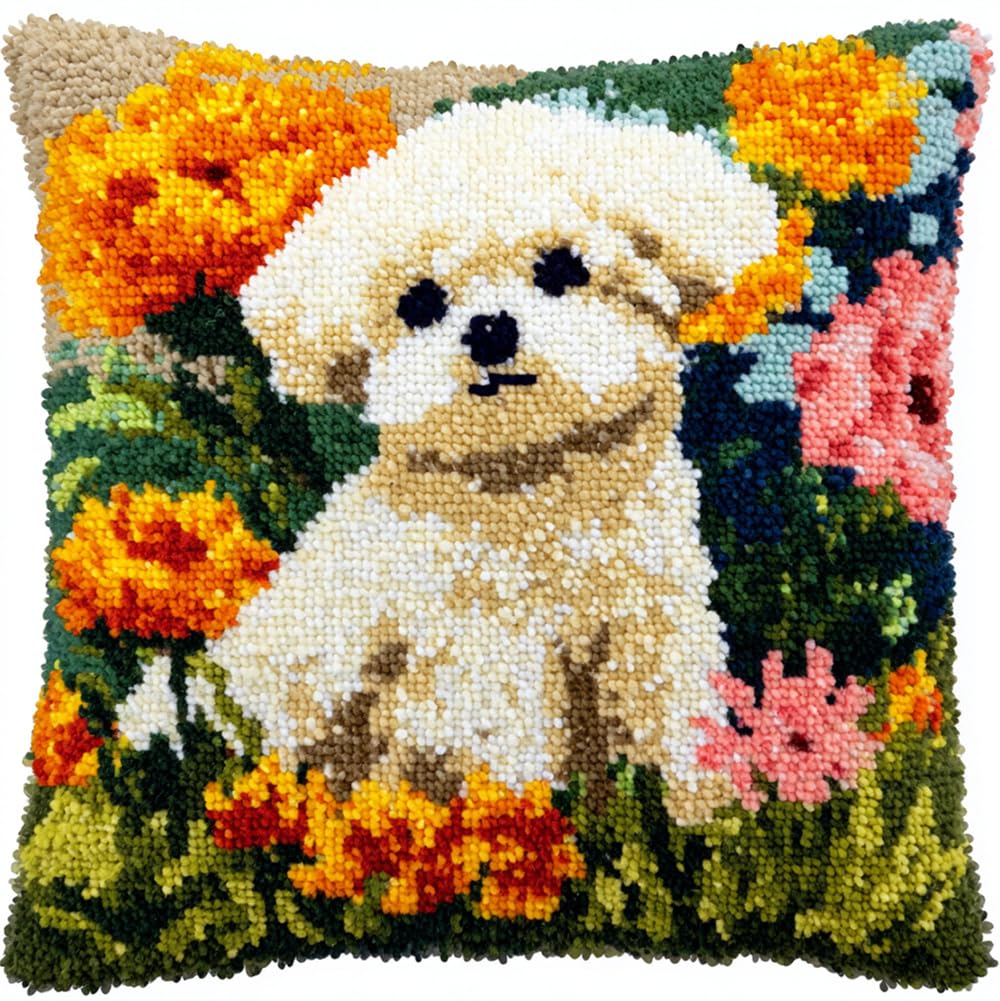 Taxpy Latch Hook Cushion Kits for Adults,Bichon Frise and Flowers 17X17Inch DIY Embroidery Pillow Case Kits