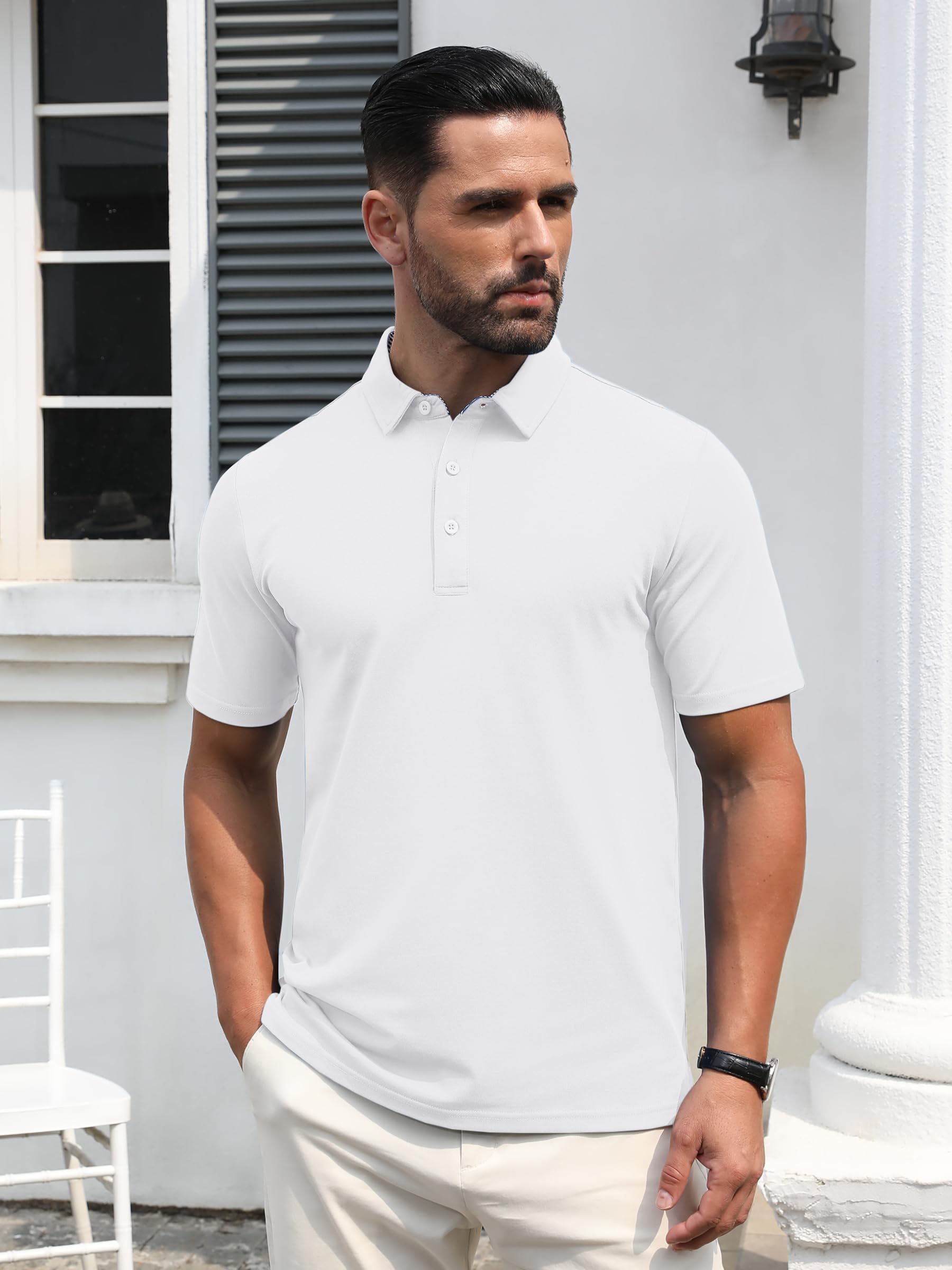 TACVASEN White Polo Shirts for Men Cotton Short Sleeve Classic Fit Casual Collared Golf Tennis Polo Summer Shirt