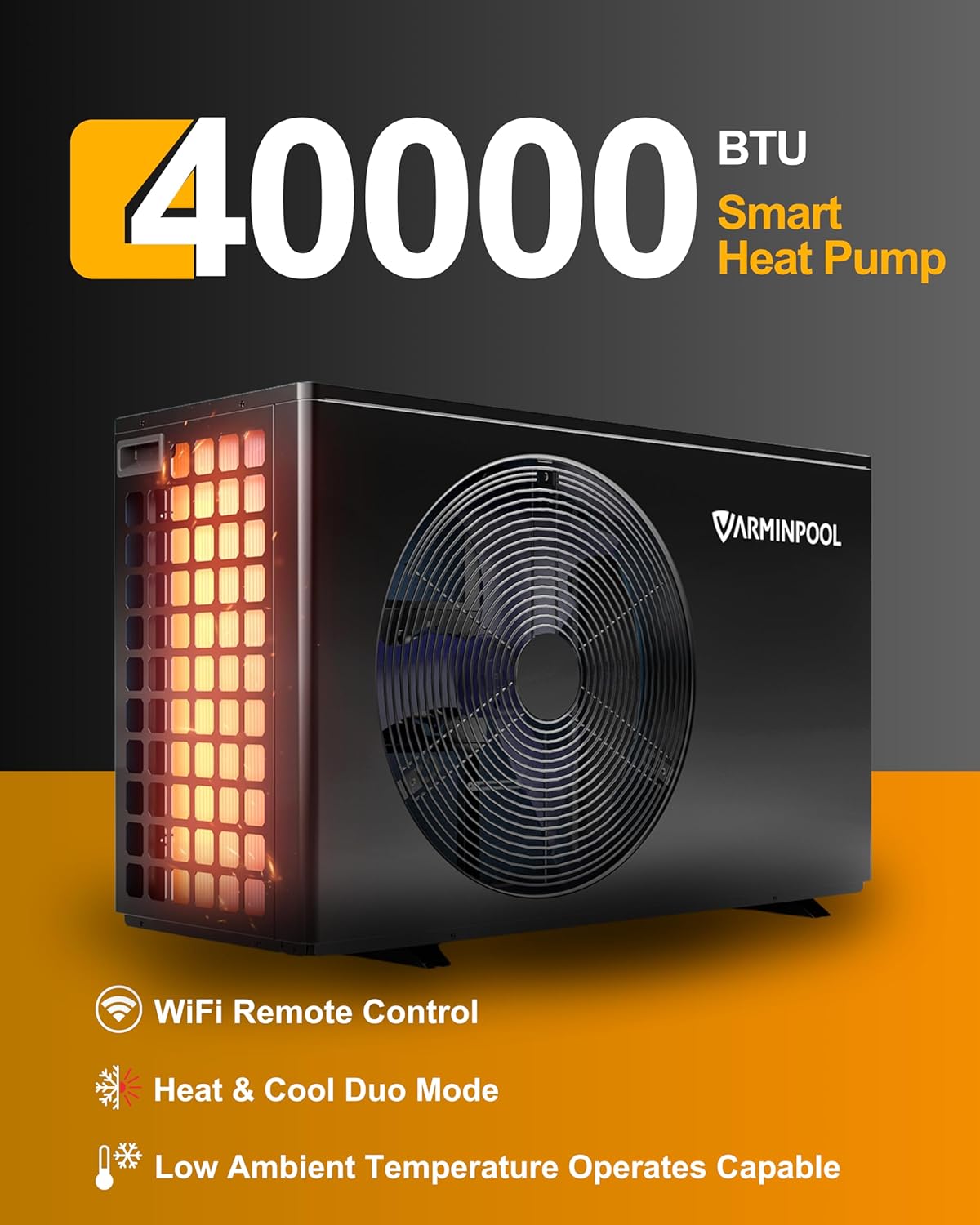 Image highlighting the 40000 BTU capacity, WiFi remote control, Heat & Cool Duo Mode, and low ambient temperature operation capability of the VARMINPOOL heat pump.