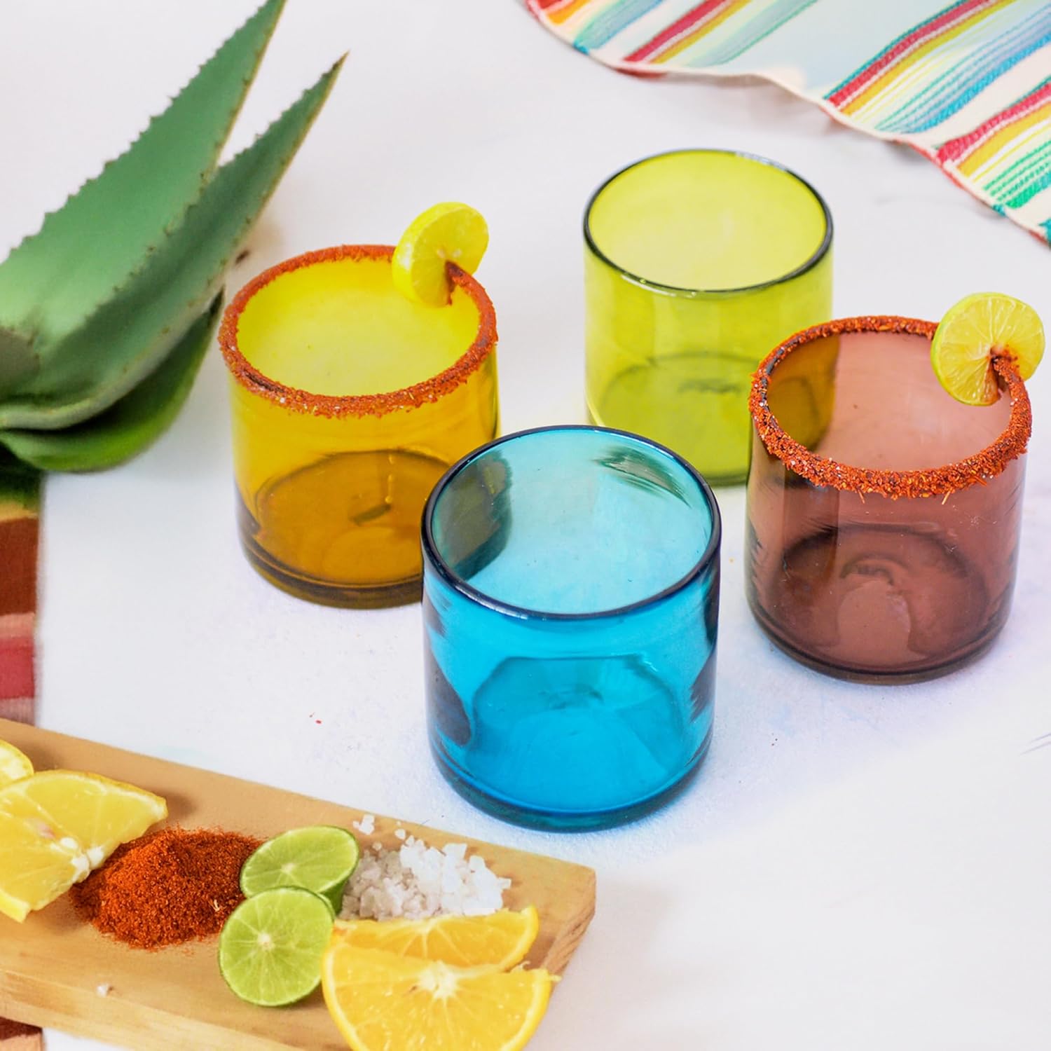 Hand-Blown Cocktail Glasses From Mexico – Set of 4 Lowball Rocks Glasses | Authentic Handcrafted 12 oz Old Fashioned Cocktail Glasses | Mexican Kitchen & Barware Gift Set | Shades of Summer