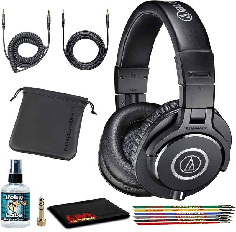 Paquete de auriculares con monitor cerrado ATH-M40x (negro) con cables, bolsa de transporte y kit de limpieza de 6 Ave