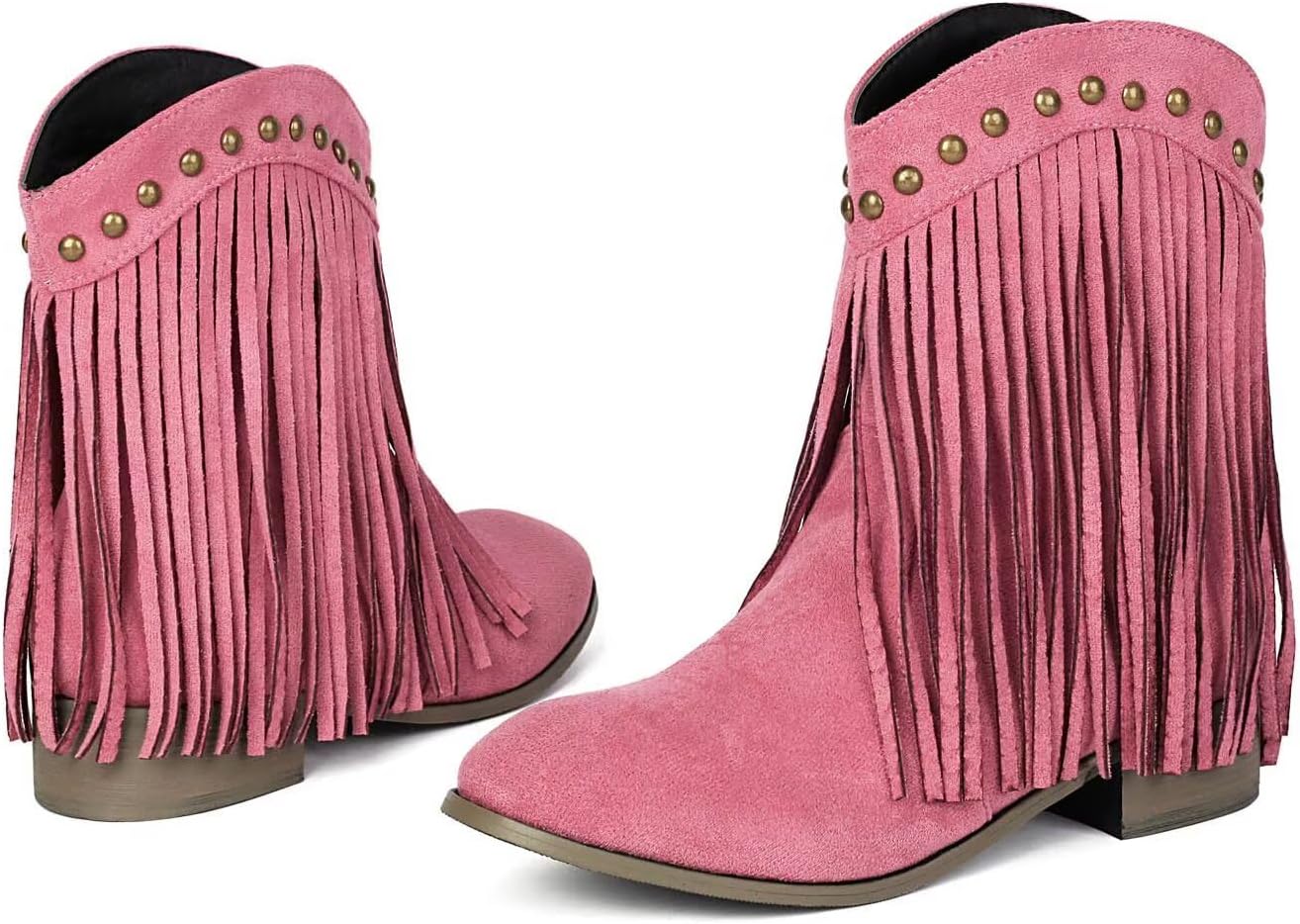 Joojaky Cowboy Boots for Women Ankle Western Fringe Booties Low Heel Rivet Boots