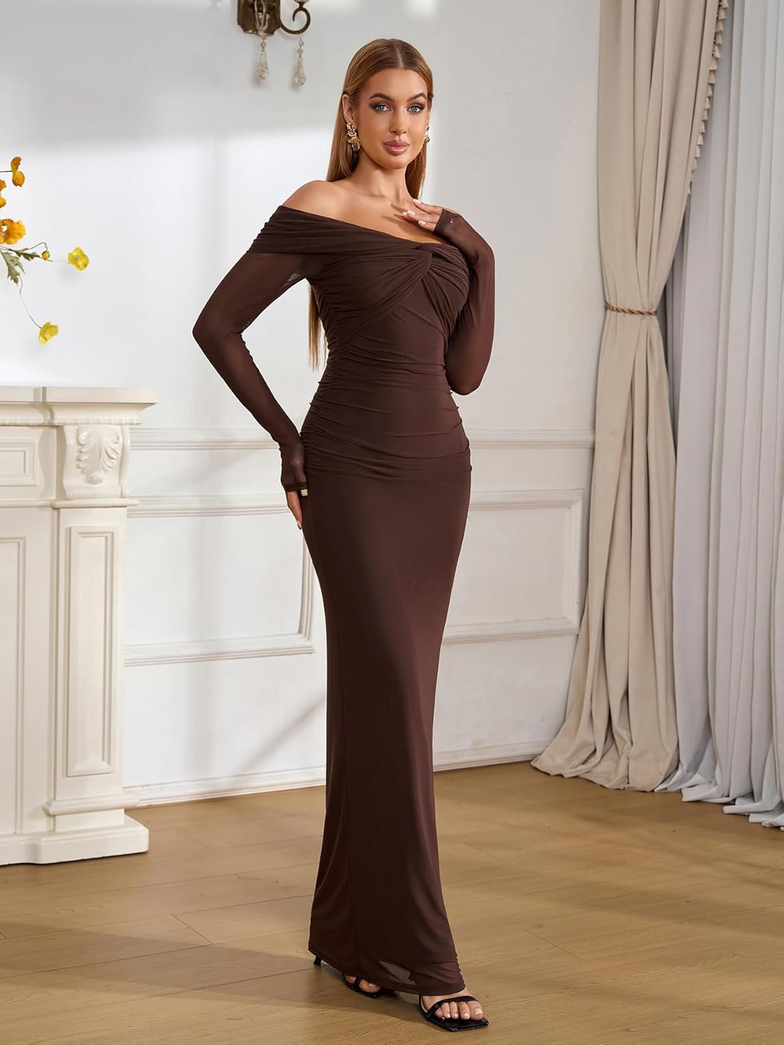 Off Shoulder Long Sleeve Bodycon Maxi Dress Mesh Twist Ruched Wedding Guest Formal Party Fall Dresses for Women - Image 6