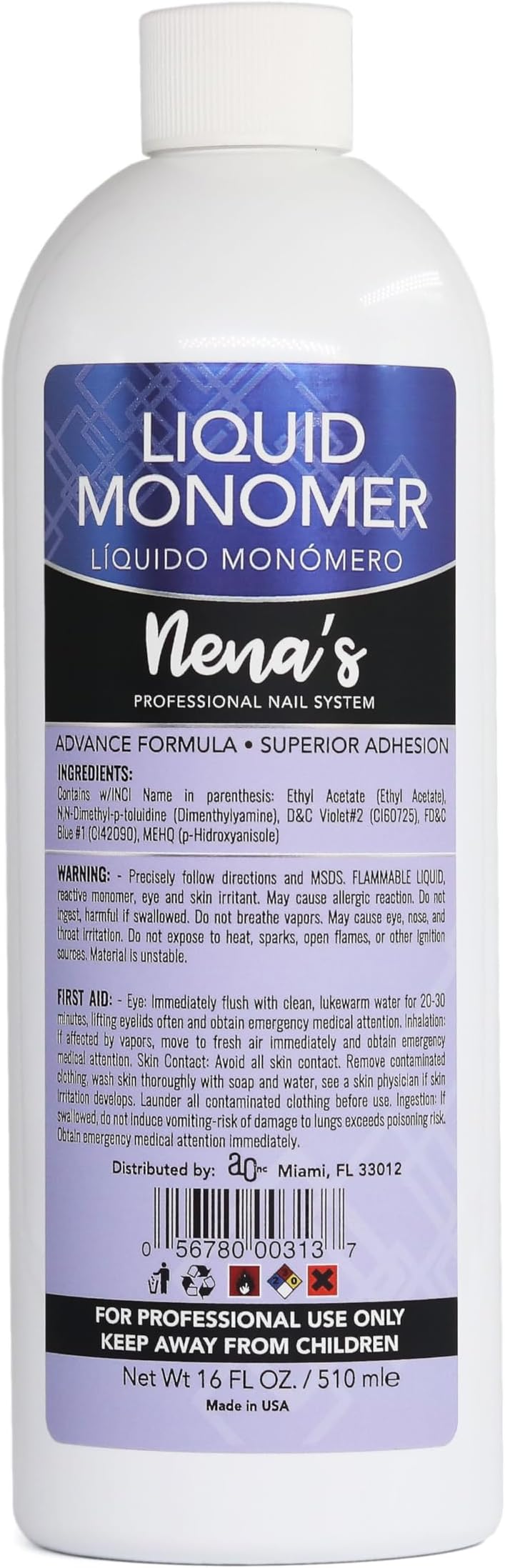 Nena's Professional Liquid Monomer 16 fl oz, Advanced GlamourShield acrylic formula, no MMA, Non-Yellowing, Quick Dry, Strongest Adhesion, Acrylic Nail Art Extension Carving