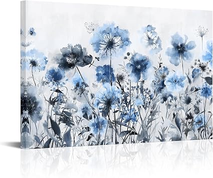 sechars Wildflowers Canvas Wall Art Abstract Flower Painting Print on Canvas Blue and Grey Living Room Bedroom Decorations Blue