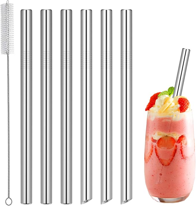 Edelstahl Strohhalme Wiederverwendbar 6 Stück Lange 21.5cm Metallstrohhalme 12mm Trinkhalme Reinigungsbürste für Party Hochzeiten
