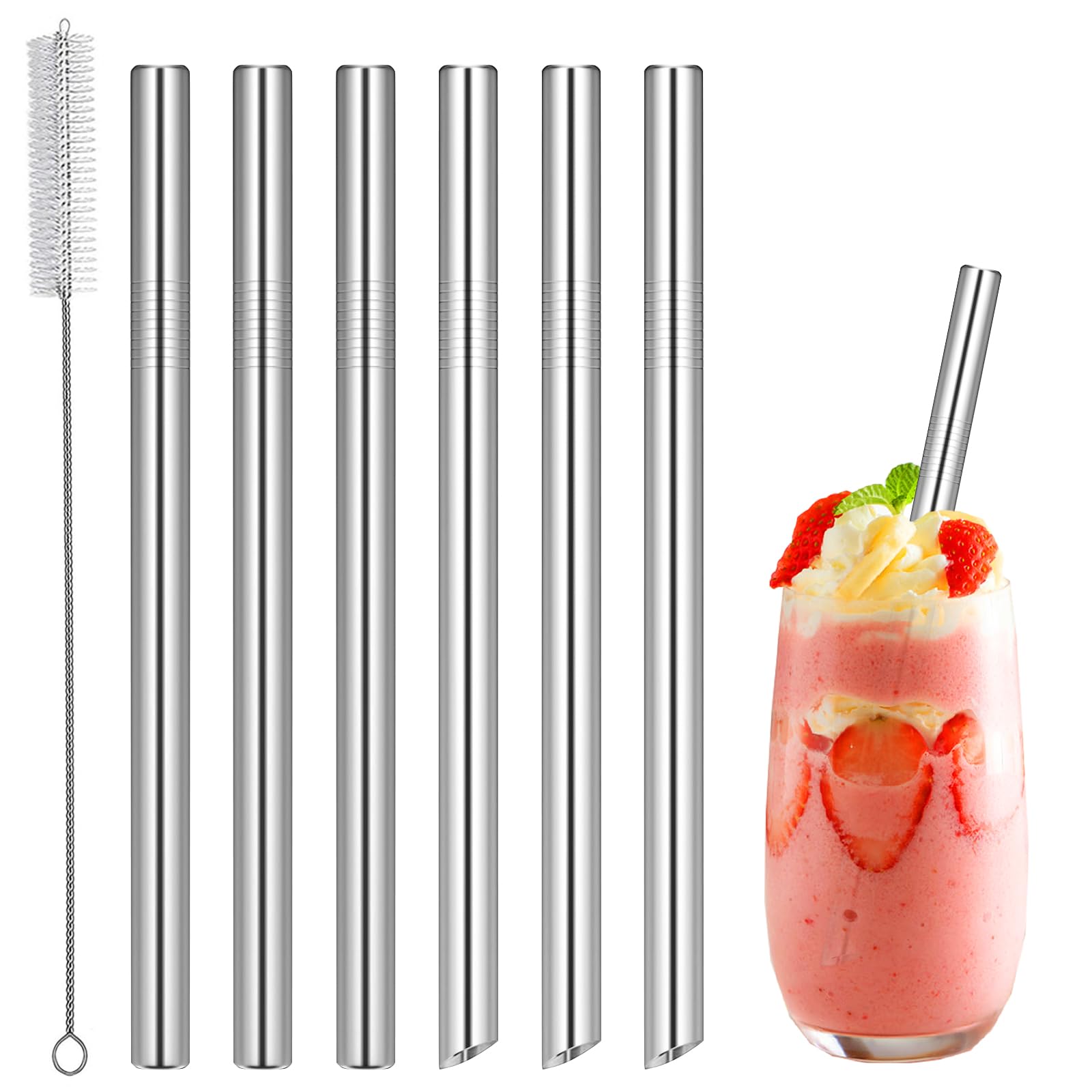 6pcs Boba Straws Metal Straws Reusable Bubble Tea Straw 21cm Stainless Steel 12mm Extra Wide Drinking Straw with 8.5inch Long Straws Cleaner for Cocktail, Milkshake and Smoothie