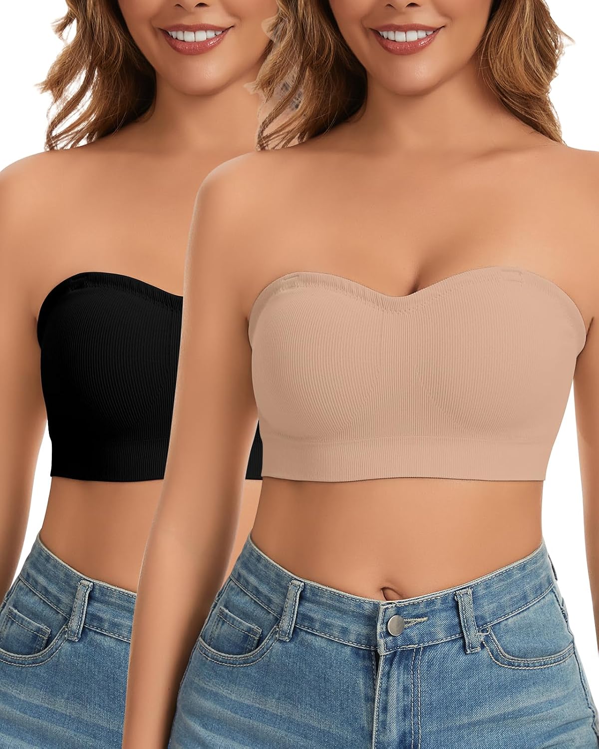 WOWENY Strapless Bras for Women Bandeau Bra Wireless Non-Slip Silicone Seamless Padded Tube Top Bra