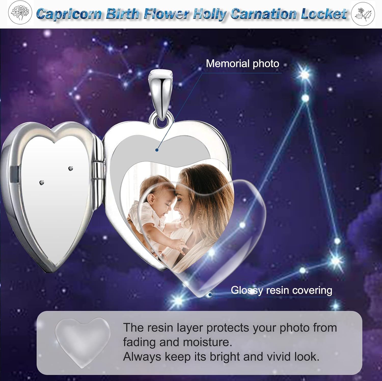 SOULMEET Heart Birth Flowers Zodiac Locket Necklace That Holds Picture Sterling Silver Personalized Various Months Constellation Photo Locket Gift for Loved Ones' Birthday Lucky Horoscope