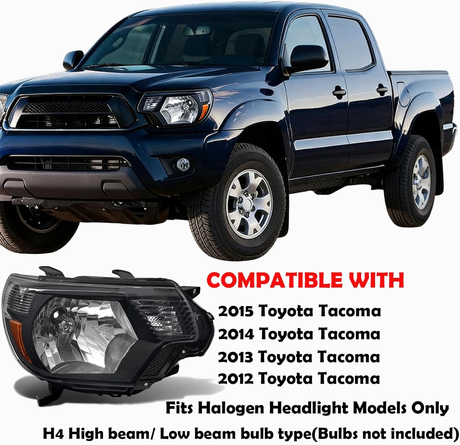 Chrome Headlights Assembly Fit For 2012 2013 2014 2015 Toyota Tacoma Black Housing Amber Reflector Halogen headlamp Replacement Driver Passenger Side TO2502213 TO2503213