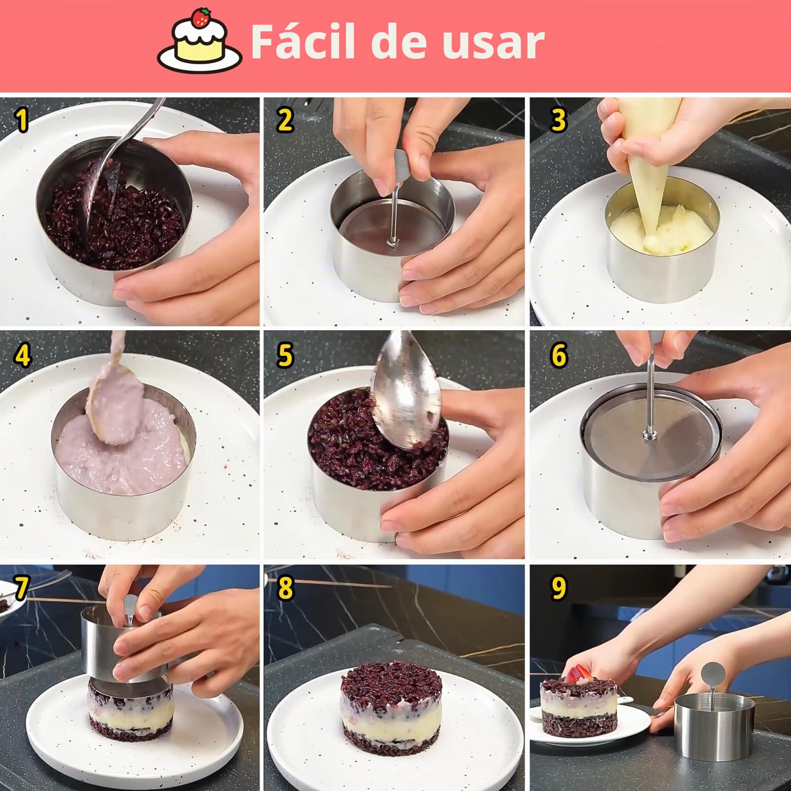 SWAWIS 12 Piezas Aros de Cocina Ø7,5cm con Elevador y Apisonador | Anillos Redondos para Postres y Comida, para Pasteles Mousse y Bolas de Arroz