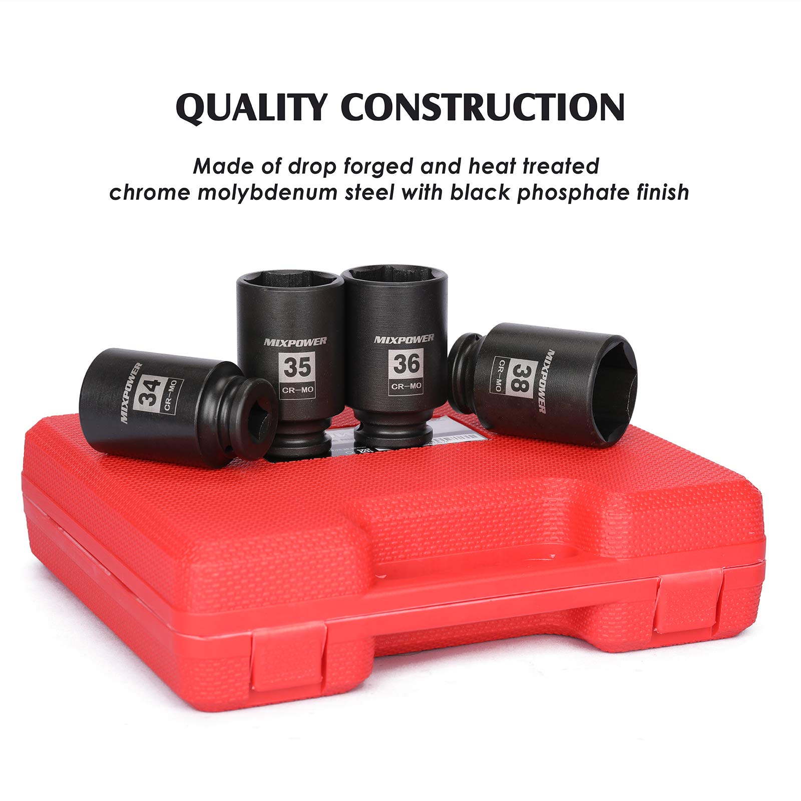 MIXPOWER Set di bussole a impatto profondo da 1/2", 6 punti, CR-MO, metriche, 29 mm-38 mm, 9 pezzi 1/2" Dr. Deep Spindle Axle Nut Impact Socket Set