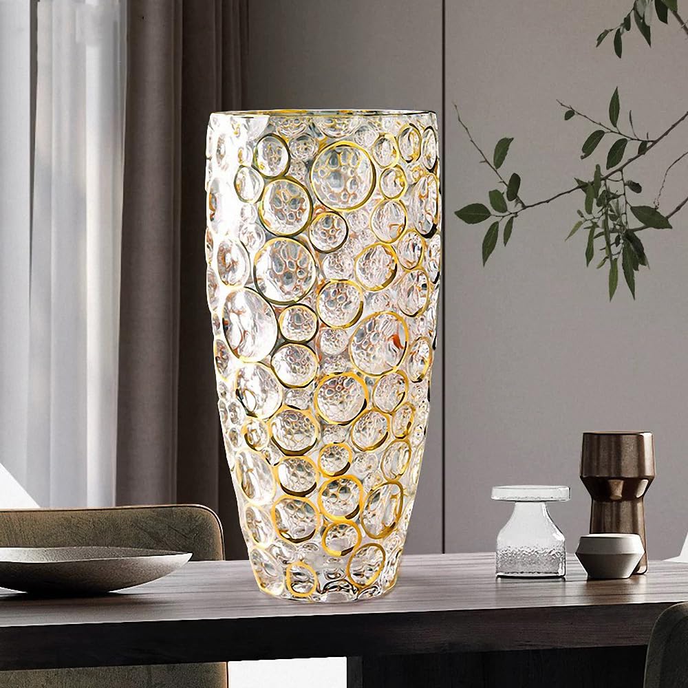 Jarrón grande de cristal de punto redondo dorado pintado a mano de 11.8 pulgadas, jarrón moderno para sala de estar, dormitorio, cocina, mesa de comedor, manto, boda. (pintado a mano dorado)