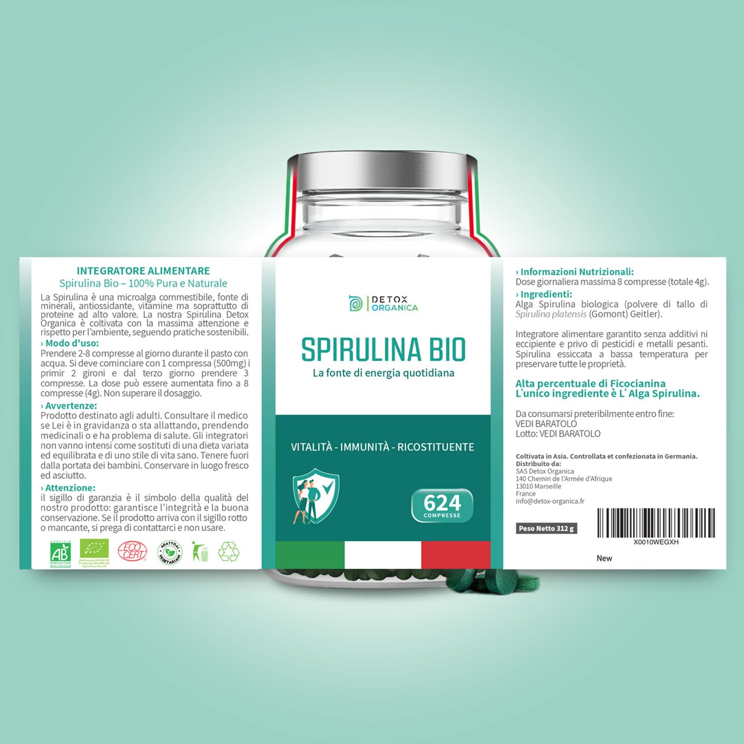 Detox Organica - Spirulina in polvere BIO 250g - Ricca di Ficocianina, Ferro, Vitamine, Minerali, Proteine - Alga Spirulina Pura | Prodotta in Germania (Compresse)