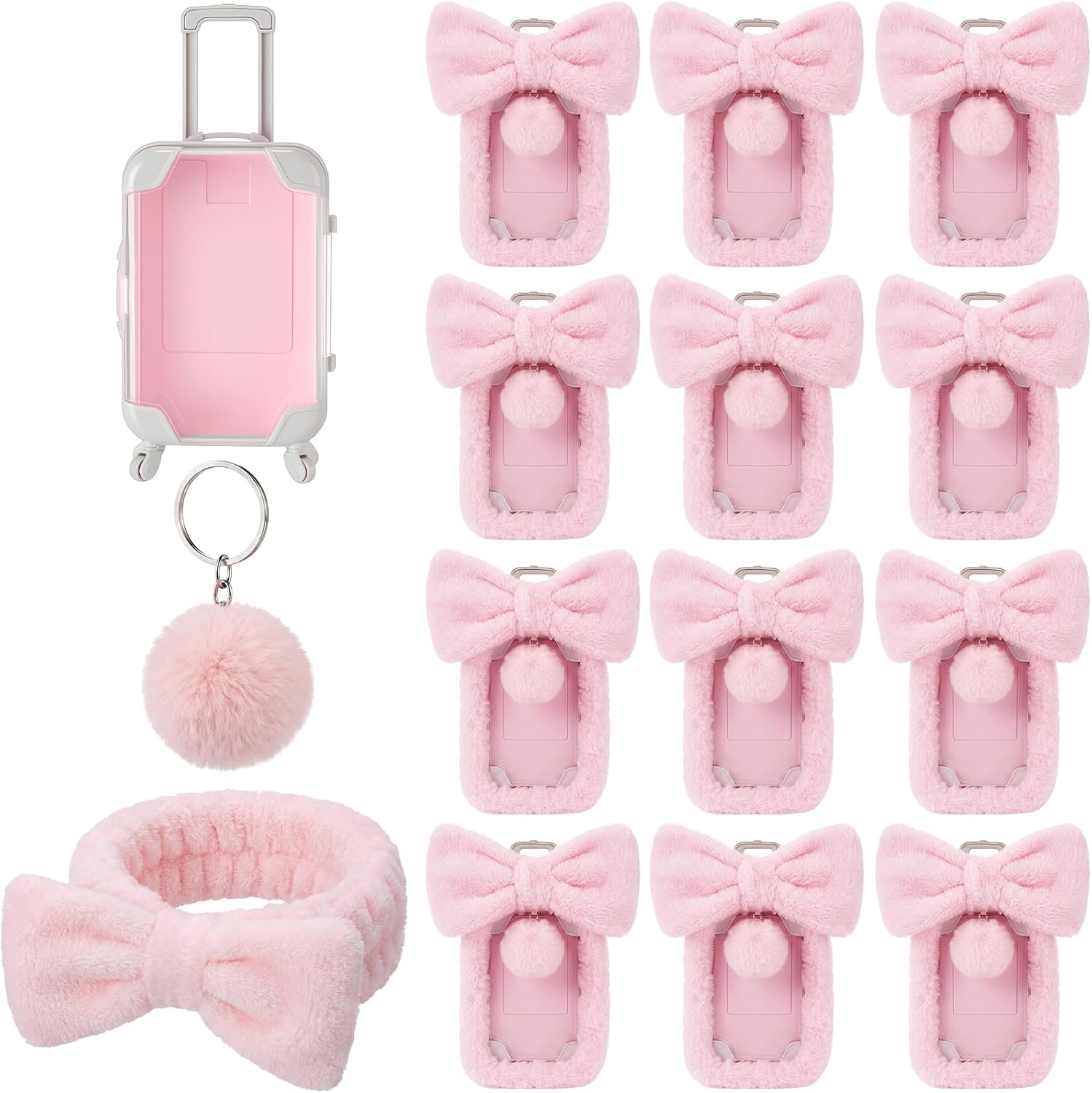 VioraWhite 36 Pcs Mini Empty Suitcase Storage Box with Plush Ball Keychain Headband Clear Candy Luggage Storage Containers Suitcase Packaging Case for Wedding Birthday Bridal Party (Pink)