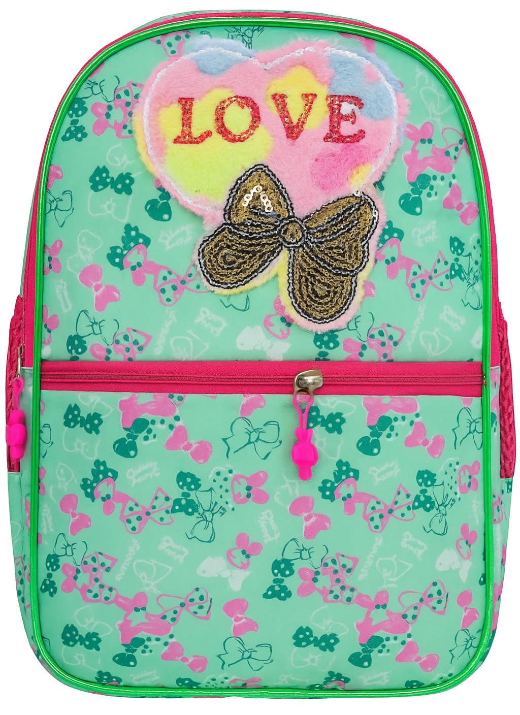 Kids Backpack with Love Lollipop Design, Green with Pink Bow, Butterfly Pattern, School Bag