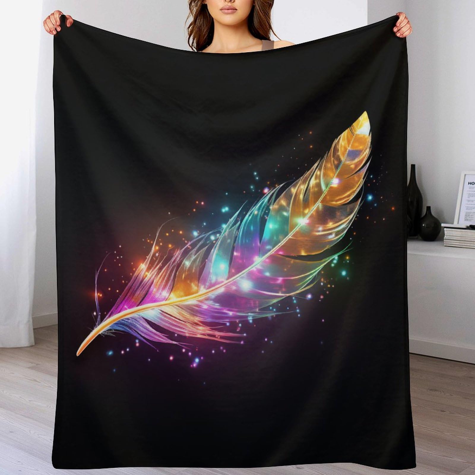 Plaid douillet flannel plumes colorées 150x200cm doux pour lit