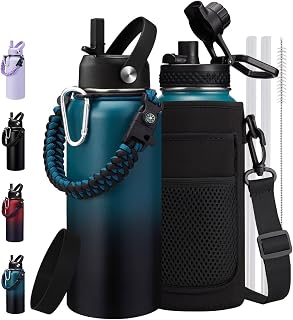 32 oz Insulated Water Bottle with Straw - Spout Lids, Paracord Handle, Shoulder Carrier Bag, 32oz Stainless Steel Water Bottle Thermal Flask for Sport Travel Work, Hydro Mug Cold for 48Hrs