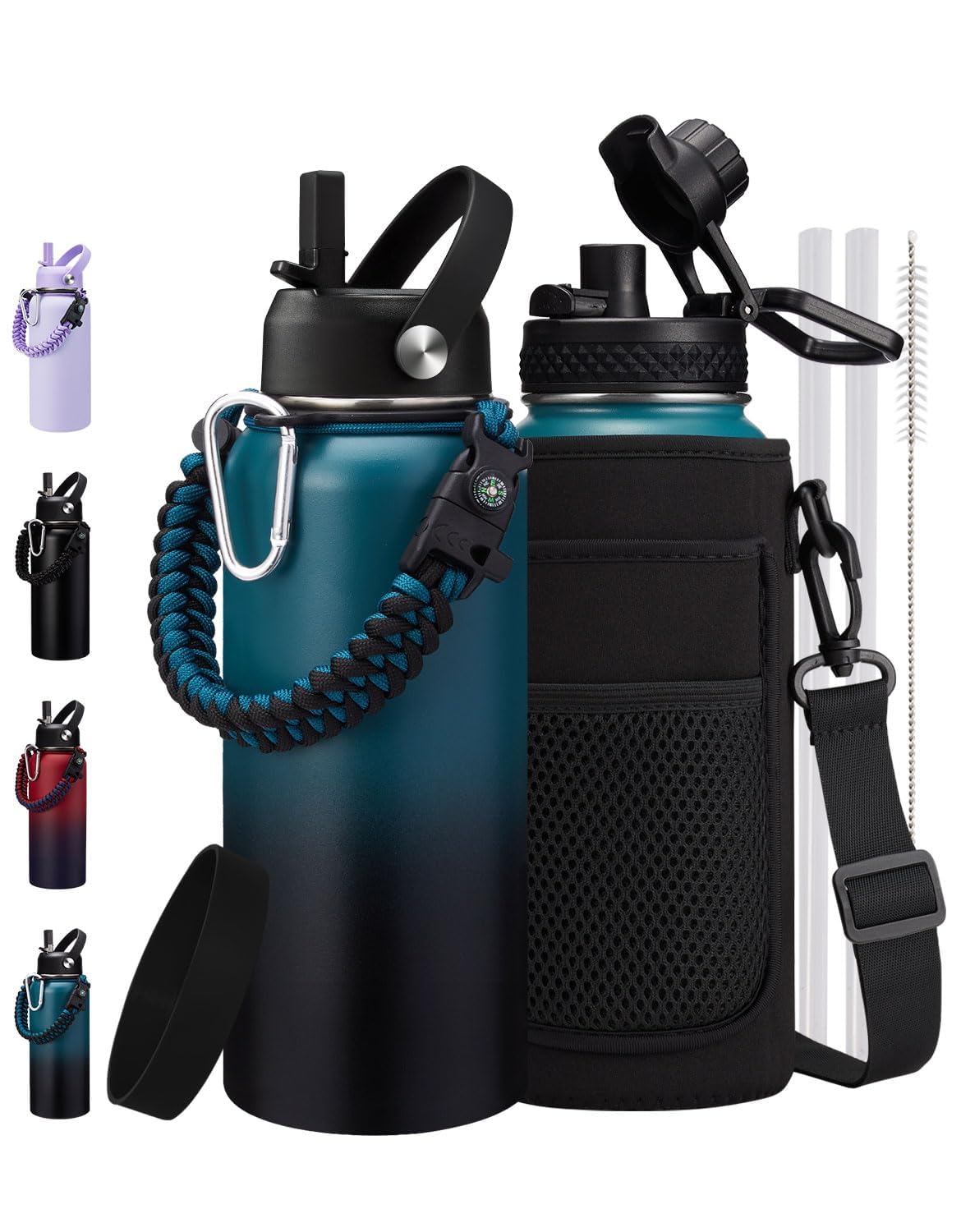 32oz 40oz 64oz Water Bottle - with Straw & Auto Spout Lids, Carrier Bag & Paracord Handle, Stainless Steel Water Bottles 32 OZ Thermal Flask for Sport