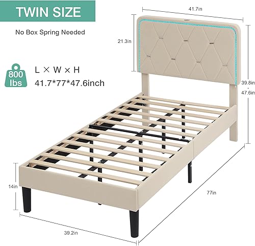 Miniatura 2 de VECELO - Marco tapizado con cabecera ajustable, individual, plataforma de terciopelo con led, estación de carga, base de colchón con listones de