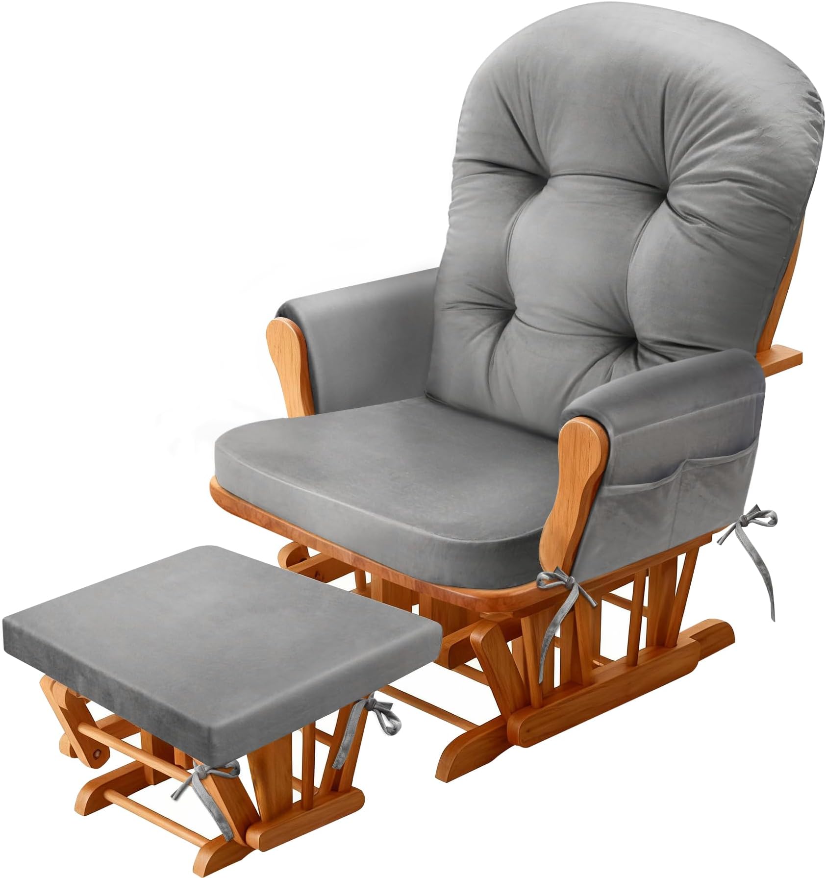 Glider Rocker Replacement Cushion Set with Storage Pockets Soft Flannel Fabric & High-Resilience Foam Non-Slip Back Rocking Chair Cushion for Living Room Rocking Chair(Grey)