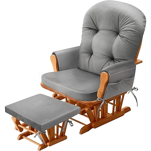 Glider Rocker Replacement Cushion Set with Storage Pockets Soft Flannel Fabric & High-Resilience Foam Non-Slip Back Rocking Chair Cushion for Living Room Rocking Chair(Grey)