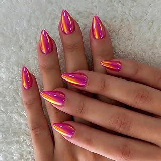 Chrome Hot Pink Press on Nails Short Almond, Shiny Soft Gel Fake Nails with Glazed Sparkle UV Finish, 30 Pcs Designed Glue on Nails Short Stiletto, Reusable Thick Cute Nail Set with Glue