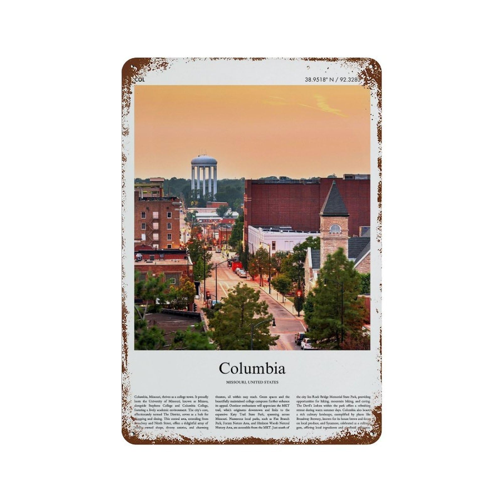 xiaoxiaoshen Columbia Missouri, United States, USA City Scenery Wall Decor Art Metal Tin Poster Modern Home Decor Art Home Bar Shop Decorations Vintage Sign 30x20cm