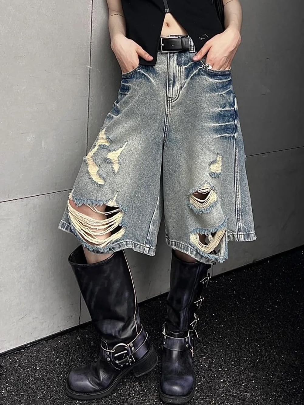 Mens Bermuda Jean Shorts Summer Light Wash Loose Fit Baggy Ripped Distressed Denim Shorts with Pockets