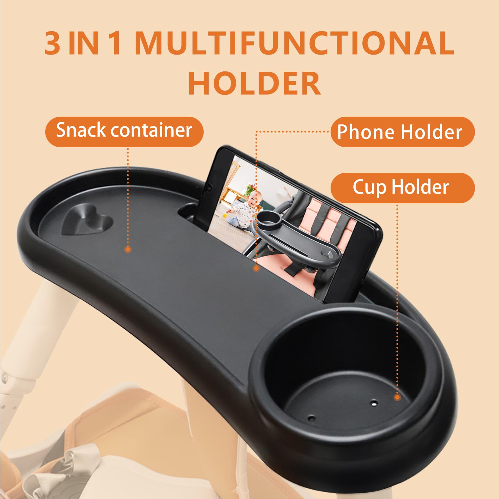 Vassoio per Passeggino Universale 3 in 1, Porta Biberon per Passeggino con Vassoio Snack, Porta Cellulare Passeggino Girevole a 360 Gradi, Organizer Passeggino Adatto a Attività All'Aperto