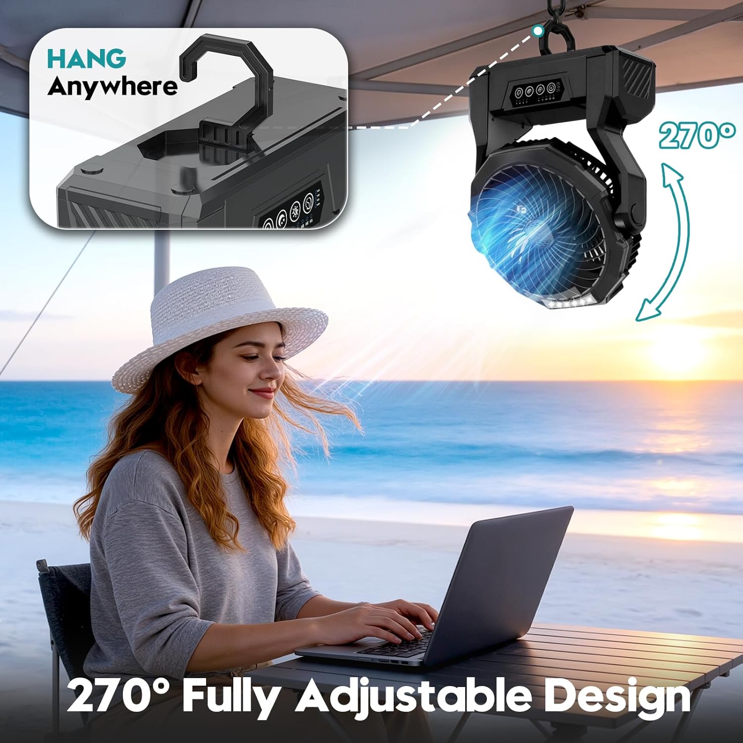 XZK Camping Fan, 20000mAh Rechargeable Battery Powered Fan, Portable Cordless Desk Fan with 4 Speeds 3 Timer, 2 LED Light, USB C Charging, Hanging Hook for Home Office Travel Tent - Dark Black