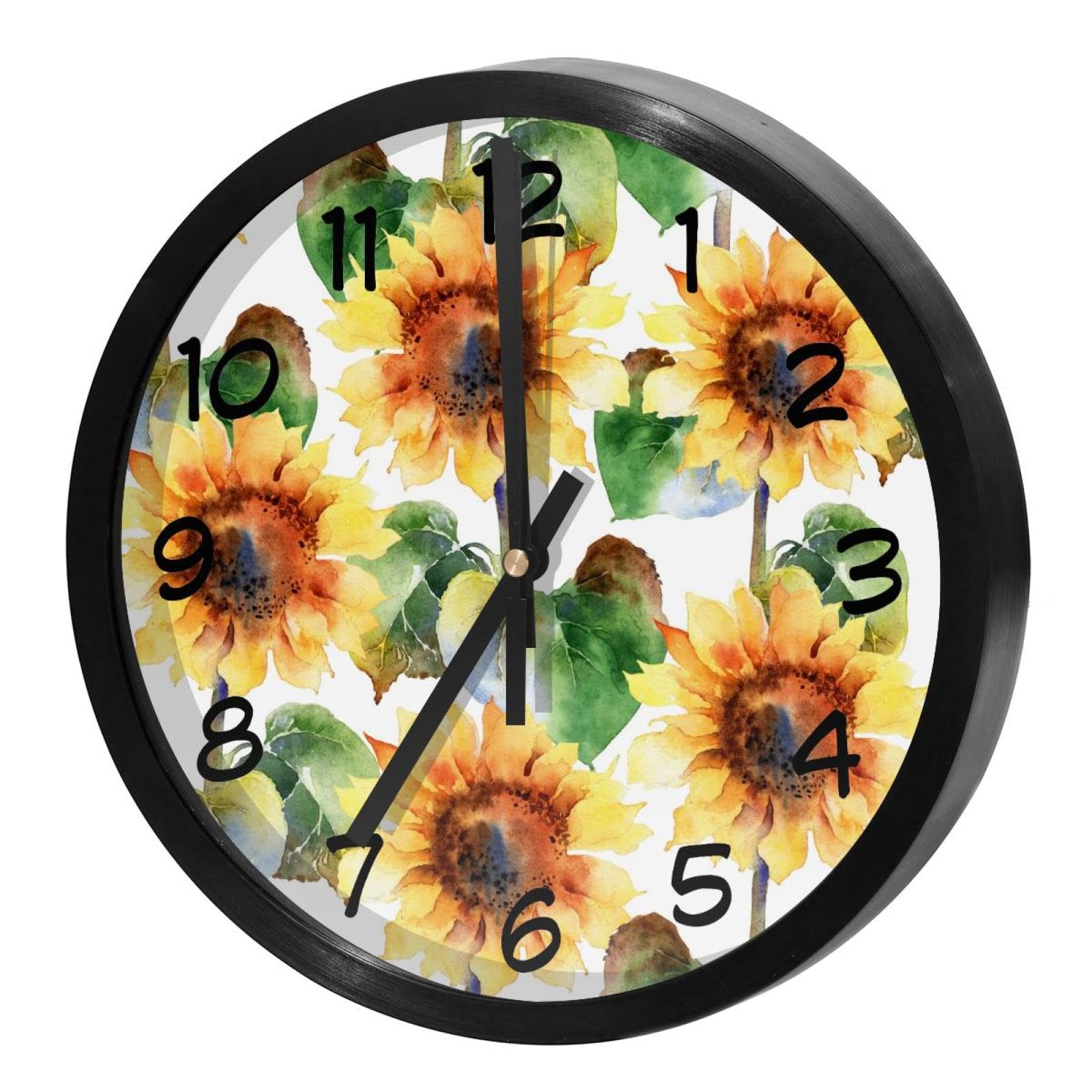 Horloge murale ronde à quartz avec motif de tournesol à l'aquarelle