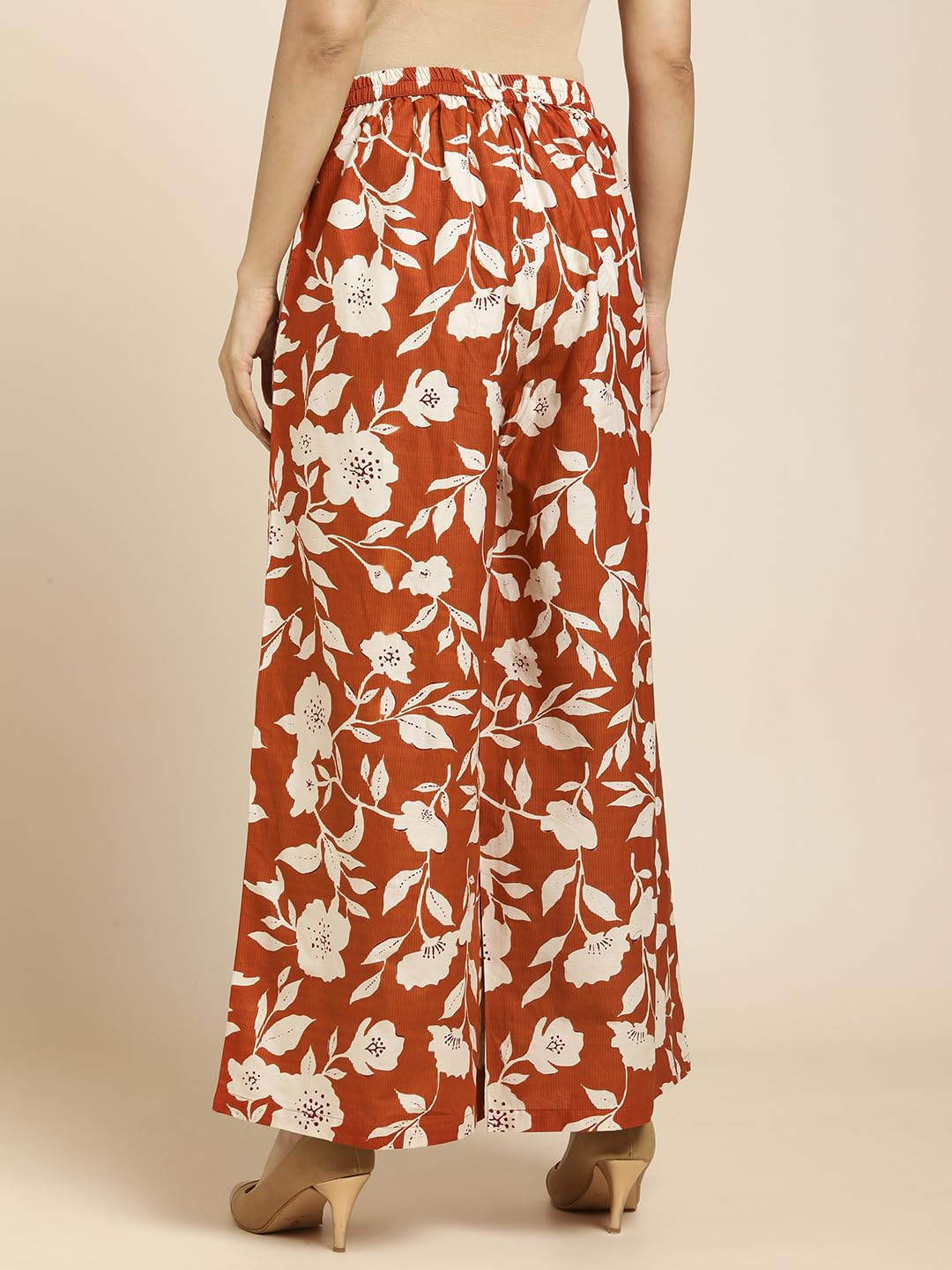 RATAN Women's Cotton Mid Rise Printed Loose Fit Flared Wide Leg Palazzo Pants (CFP-Rust-Large) - Image 3 thumbnail
