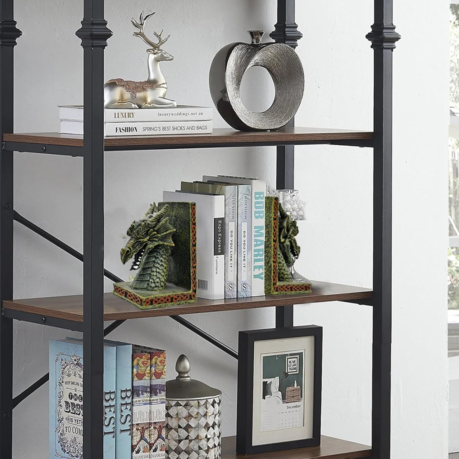 Copper Dragon Bookends for Shelves - 2 Pairs Heavy Book Ends, Objects Home Office Desk Bookshelf Decor - Unique Housewarming Gifts