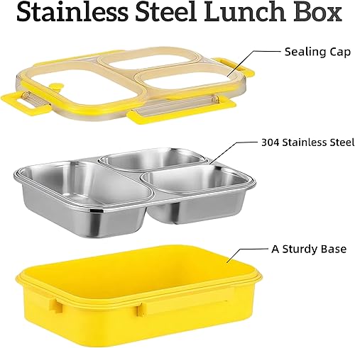 Miniatura 6 de Caja de almuerzo de acero inoxidable para niños, caja Bento de 3 compartimentos con tapa  Envase de alimentos de metal a prueba de fugas y ecológico
