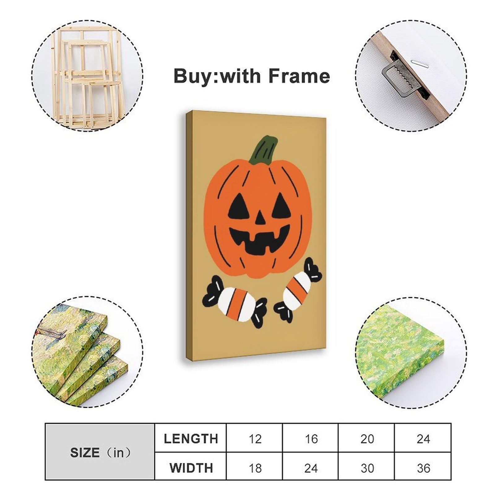 Lienzo minimalista con diseño de calabaza, caramelo, Halloween, Jack-o'-lantern y caramelos, dulce o truco, naranja, mostaza, arte de pared, pósteres e impresiones estéticas para habitación