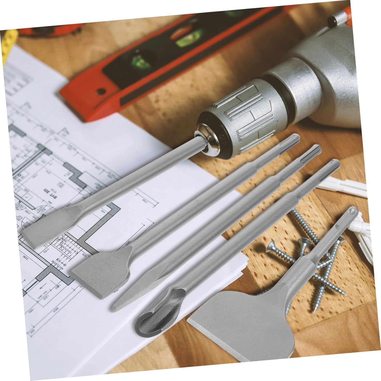 5pcs Chisel Set for Masonry Concrete and Tile Drilling Tools Including Tile Wide Flat Point and U-shaped Chisels for Brick and Cement Work
