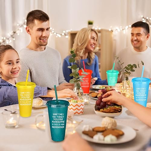 Miniatura 7 de Gerrii 20 vasos de plástico con purpurina y frase en inglés "Thank You Are Awesome Gifts You Are Awesome con popote y tapa", vaso de plástico con