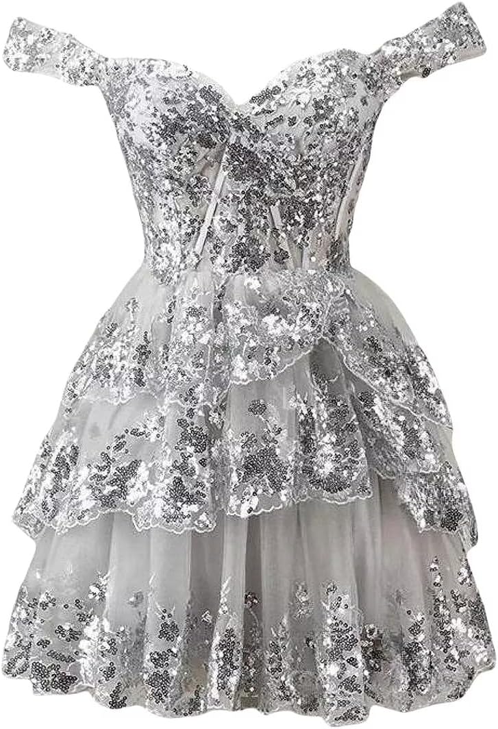Dydsz Off Shoulder Sparkly Sequin Homecoming Dresses for Teens 2024 Short Prom Dress Tiered Lace Cocktail Party Gown