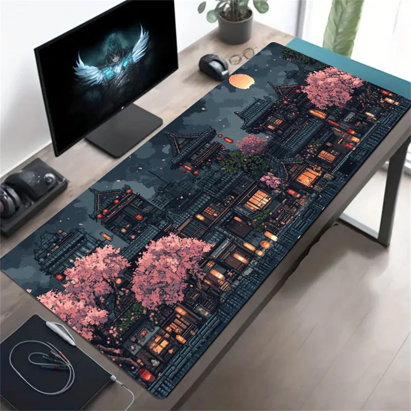 Grand Tapis de Souris XXL Rues Ville Fleurs 900 x 400 x 3mm, Tapis de Bureau Gamer avec Bords Cousus et Base Antidérapante pour Haute Précision et Vitesse
