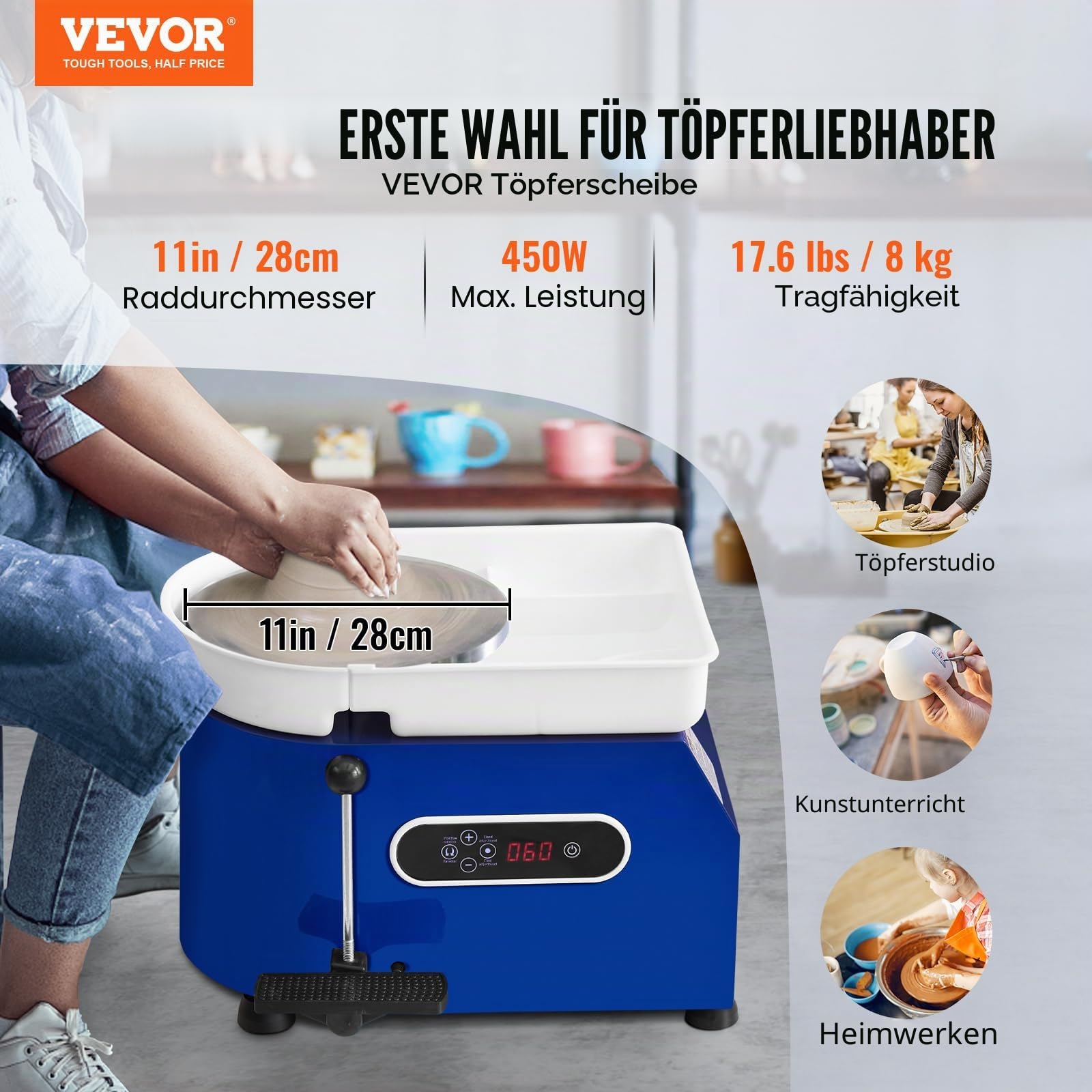 VEVOR Töpferscheibe Keramik Rad Maschine Max. 450 W, Elektrische Töpferscheibe Maschine 28 cm 300 U/min Töpferscheibenmaschine, mit Pedal & Schürze Formmaschine, Geeignet für Anfänger, Enthusiasten