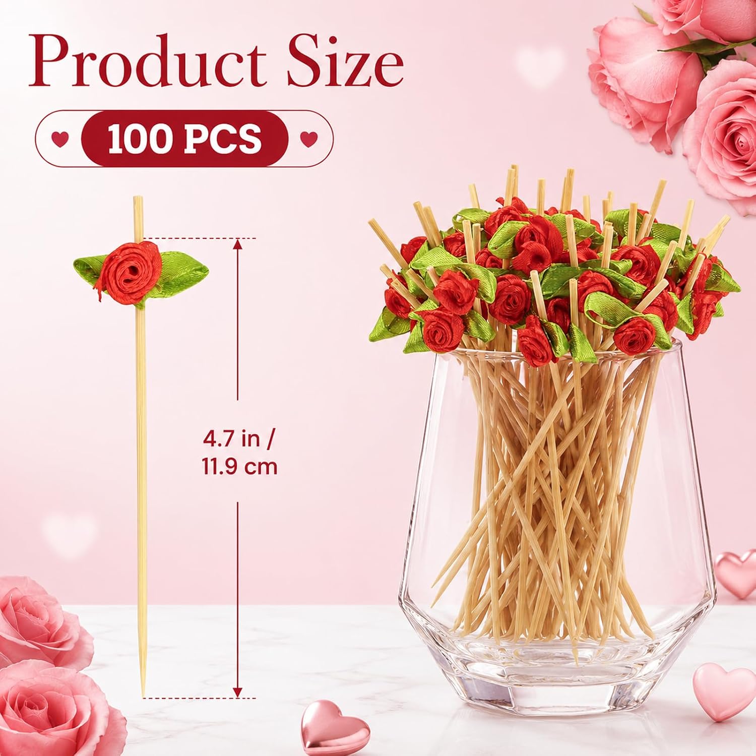 100pcs Red Rose Flower Cocktail Picks 4.7 Inch, Valentine Decorations Toothpicks for Appetizers Bamboo Fruit Skewers Food Picks for Wedding Valentine Holiday Party Decoration (Red)